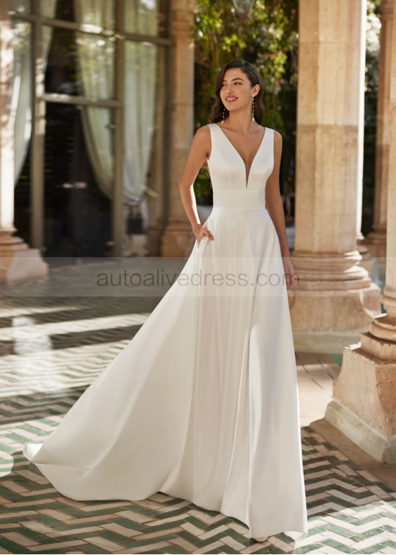 Ivory Satin Corset Back Simple Wedding Dress With Pockets Ivory Satin Corset Back Simple Wedding Dress With Pockets